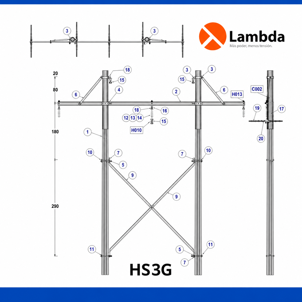 Estructura HS3G 15KV - Hache suspensión 3 fases neutro de guarda