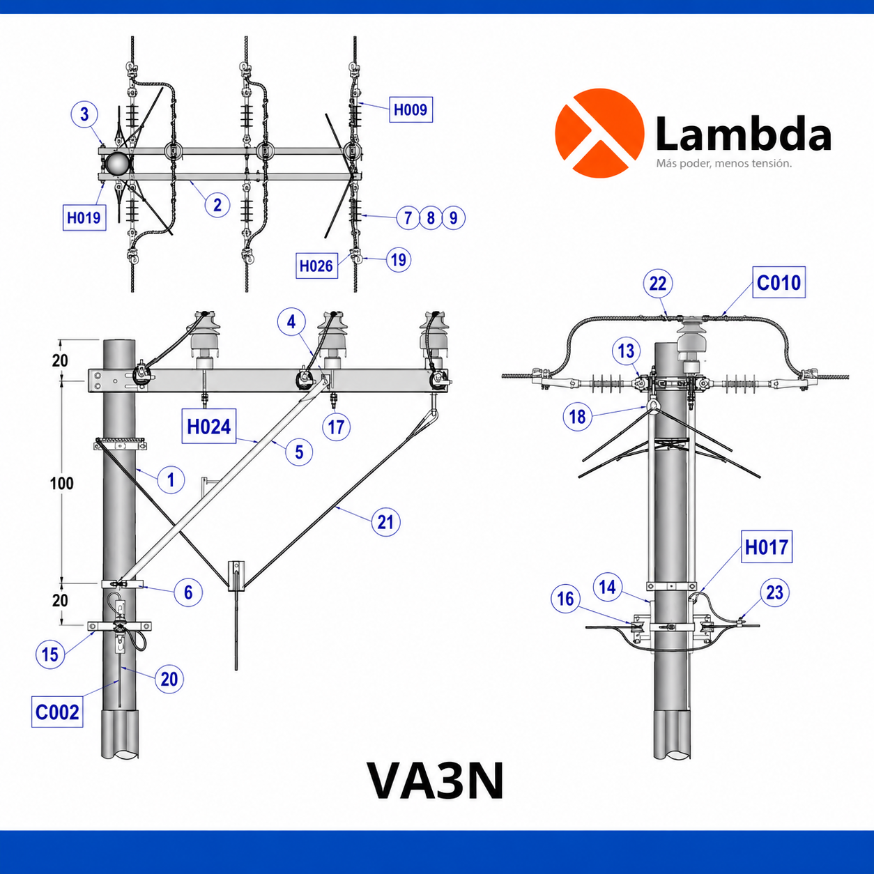 Estructura VA3N 35KV - Volada anclaje 3 fases neutro corrido