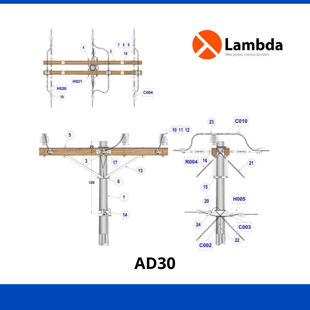 Estructura AD30 15KV - Anclaje doble cruceta 3 fases