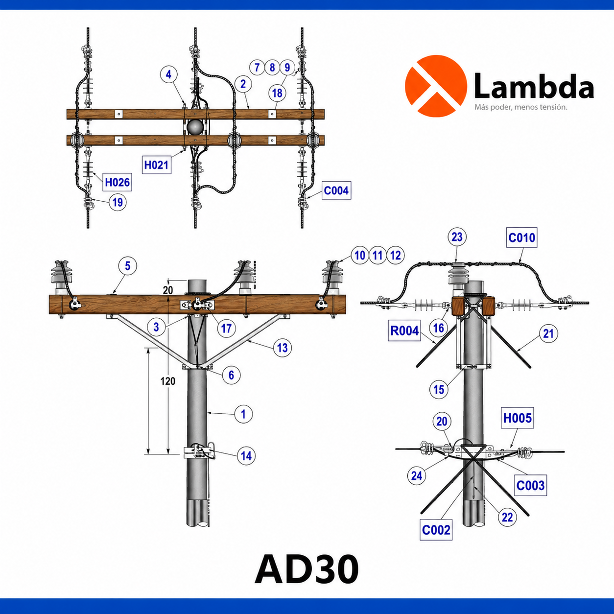 Estructura AD30 15KV - Anclaje doble cruceta 3 fases