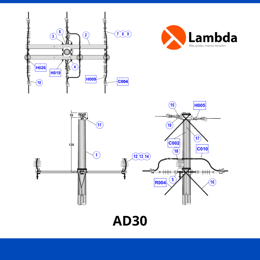 Estructura AD30 35KV - Anclaje doble cruceta 3 fases