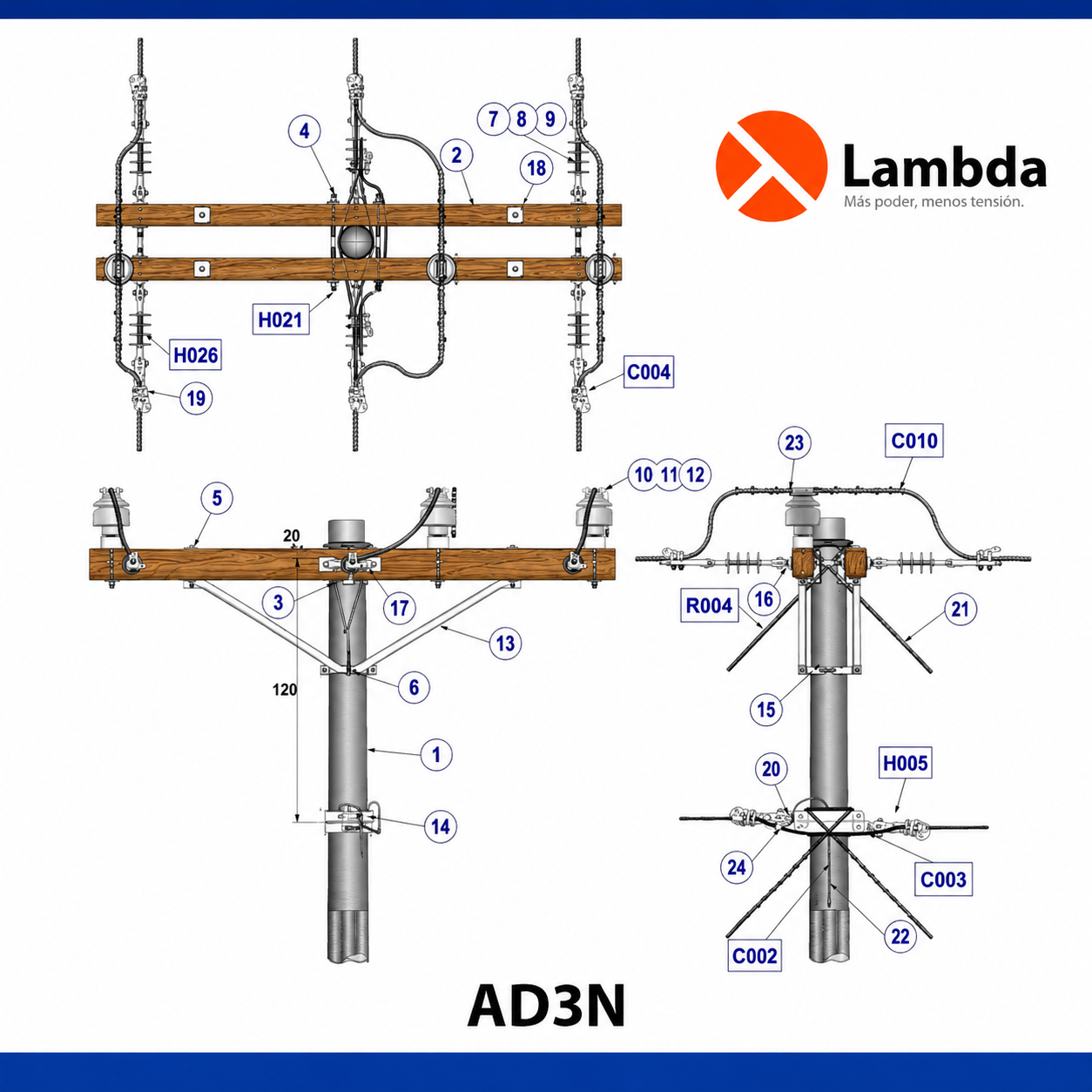 Estructura AD3N 15KV - Anclaje doble cruceta 3 fases neutro corrido