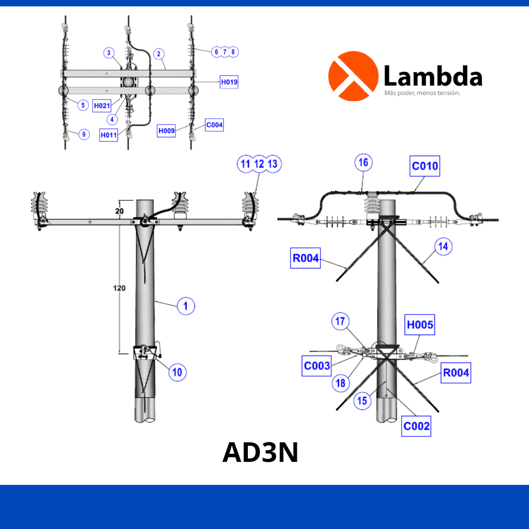 Estructura AD3N 35KV - Anclaje doble cruceta 3 fases neutro corrido