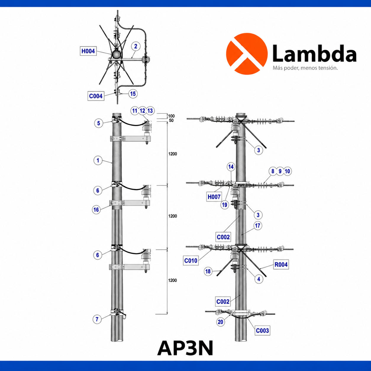 Estructura AP3N 15KV - Anclaje poste 3 fases neutro corrido