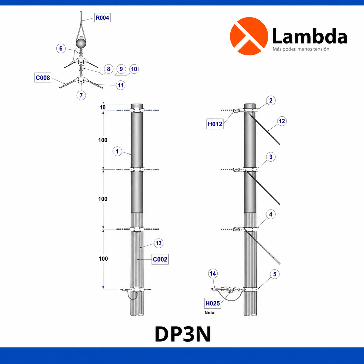 Estructura DP3N 15KV - Deflexión de paso 3 fases neutro corrido