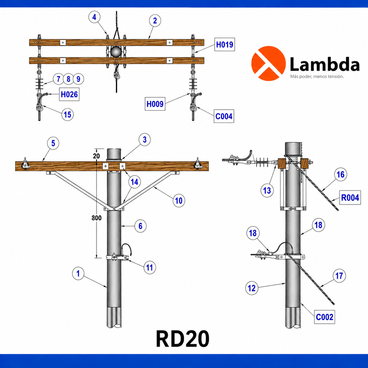 Estructura RD20 25KV - Remate poste 2 fases