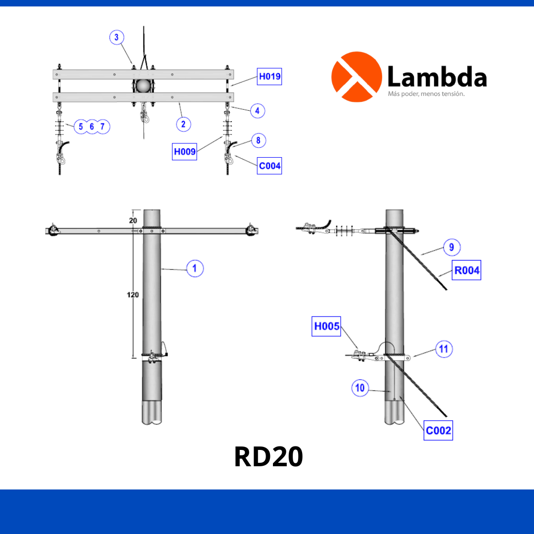 Estructura RD20 25KV - Remate poste 2 fases
