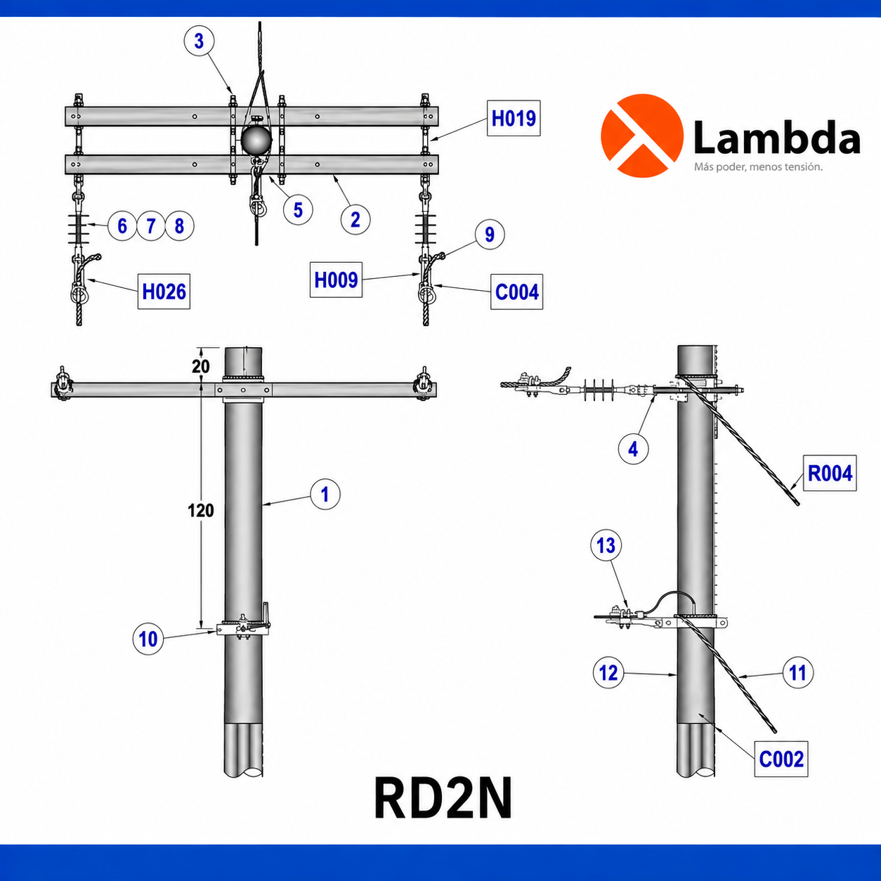 Estructura RD2N 25KV - Remate Poste 2 fases