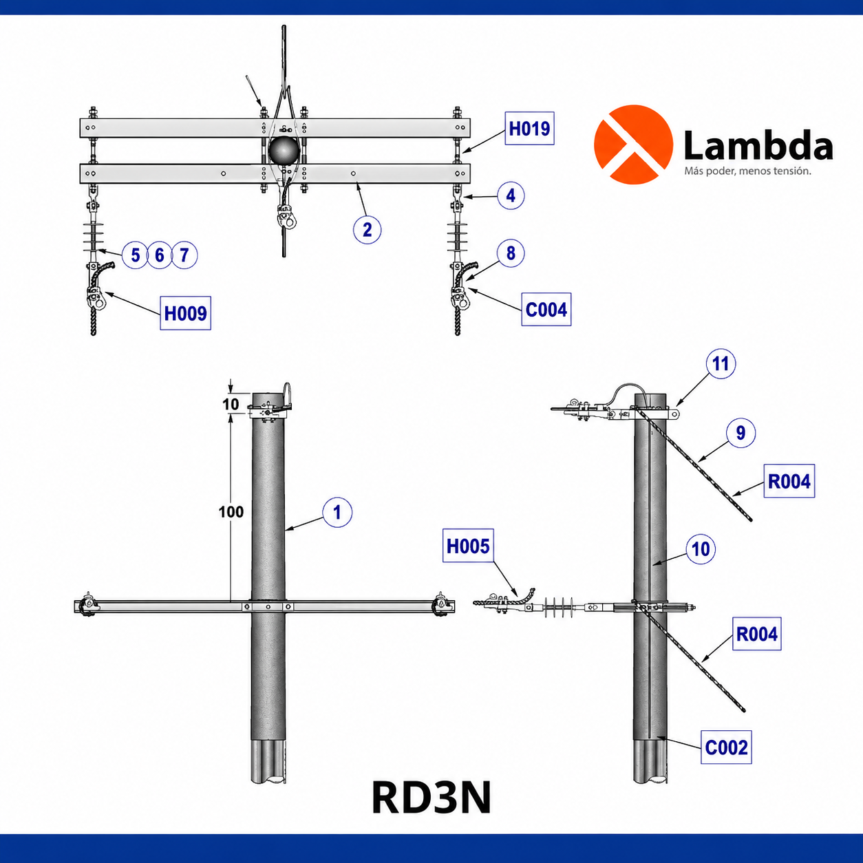 Estructura RD3N 15KV - Remate poste 3 fases neutro corrido