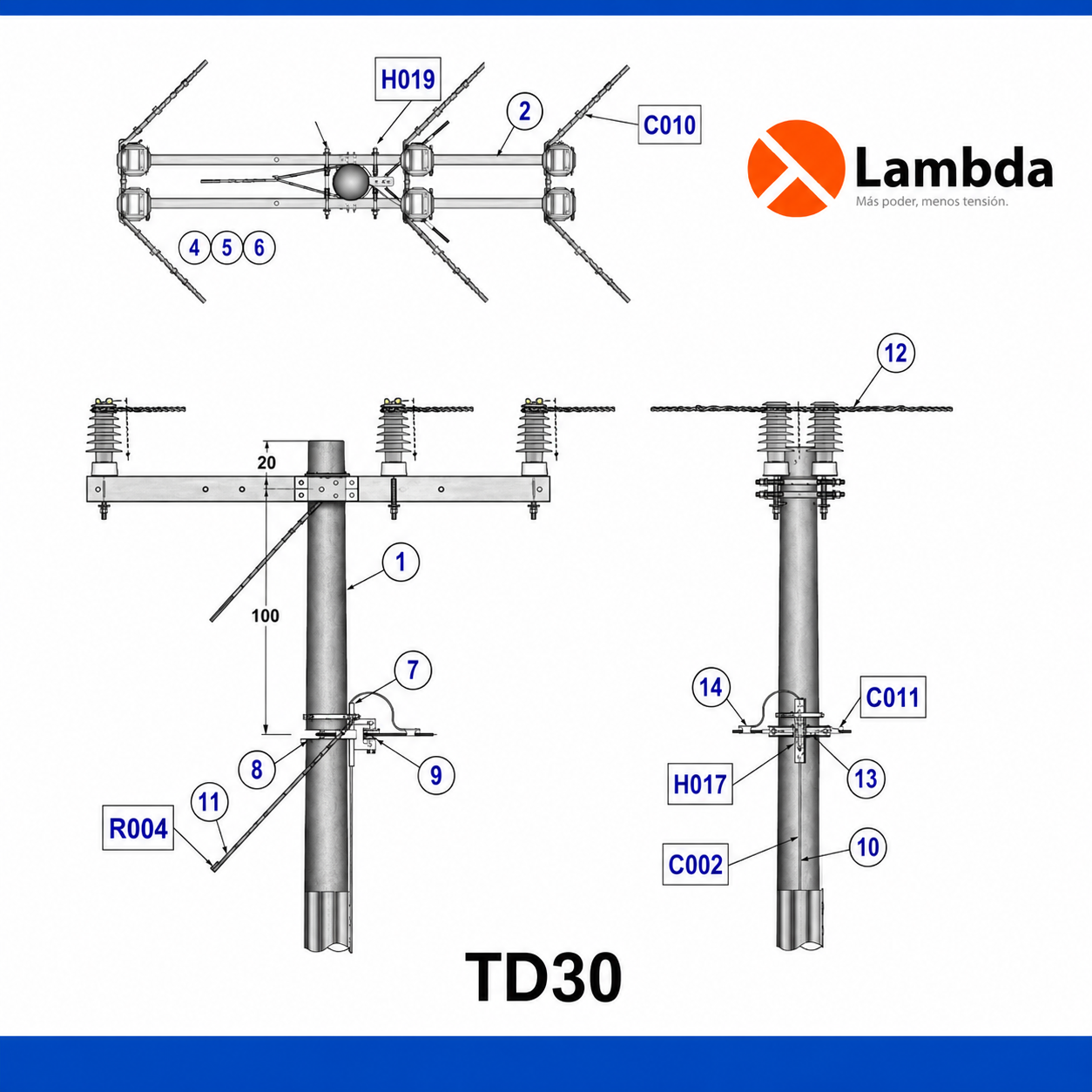 Estructura TD30 25KV - Te doble de 3 fases