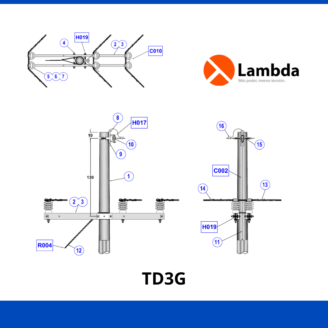 Estructura TD3G 15KV - Te, Doble, 3 fases, Neutro de Guarda