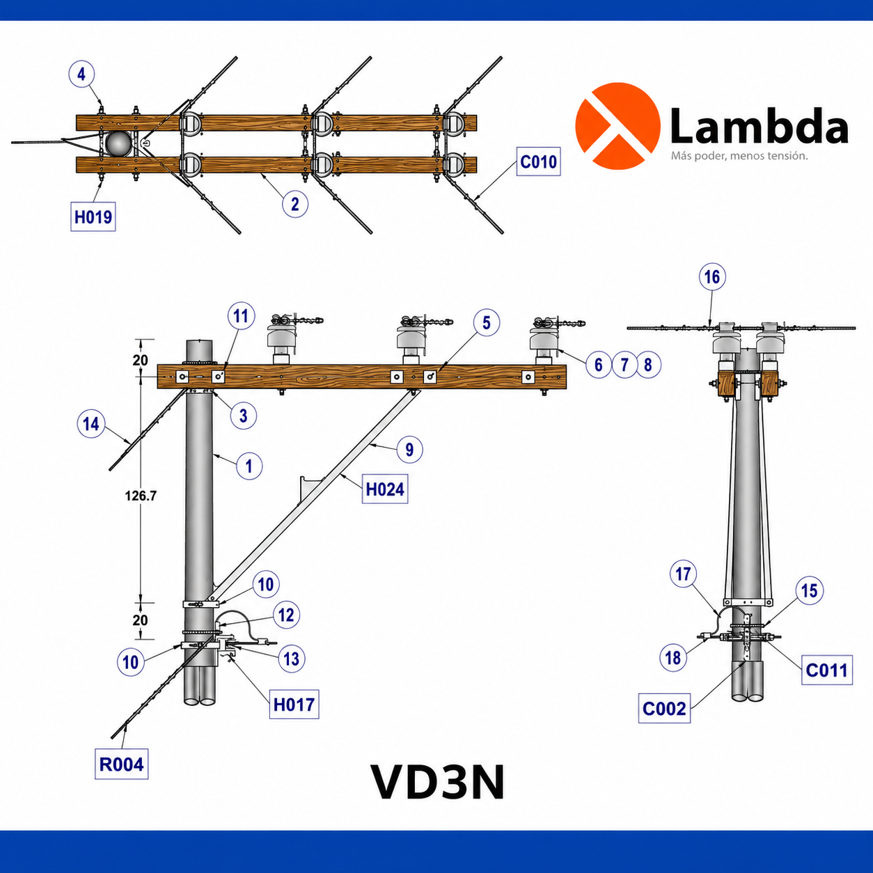 Estructura VD3N 15KV - Volada cruceta sencilla 3 fases neutro corrido