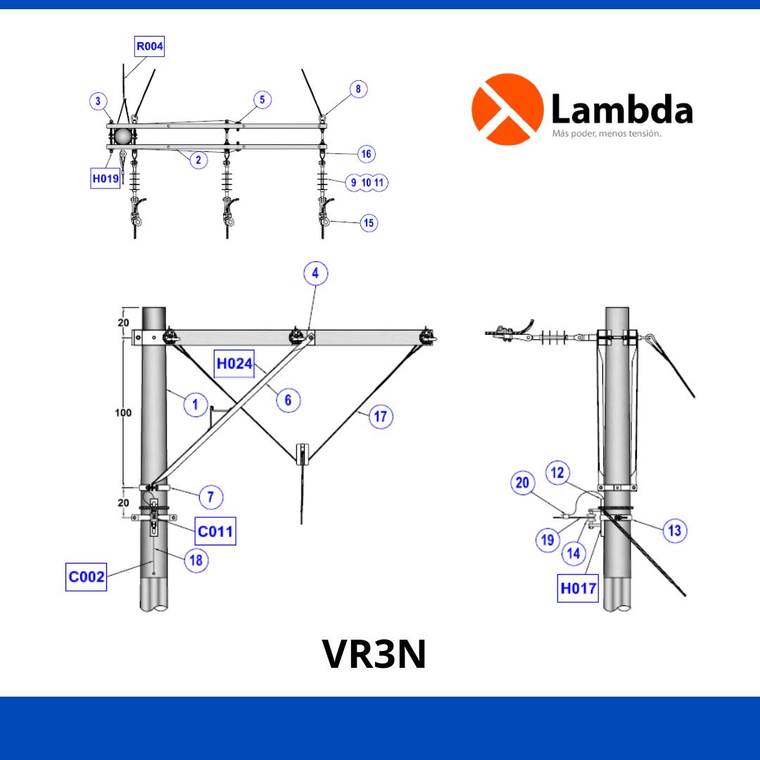 Estructura VR3N 15KV - Volada remate 3 fases neutro corrido