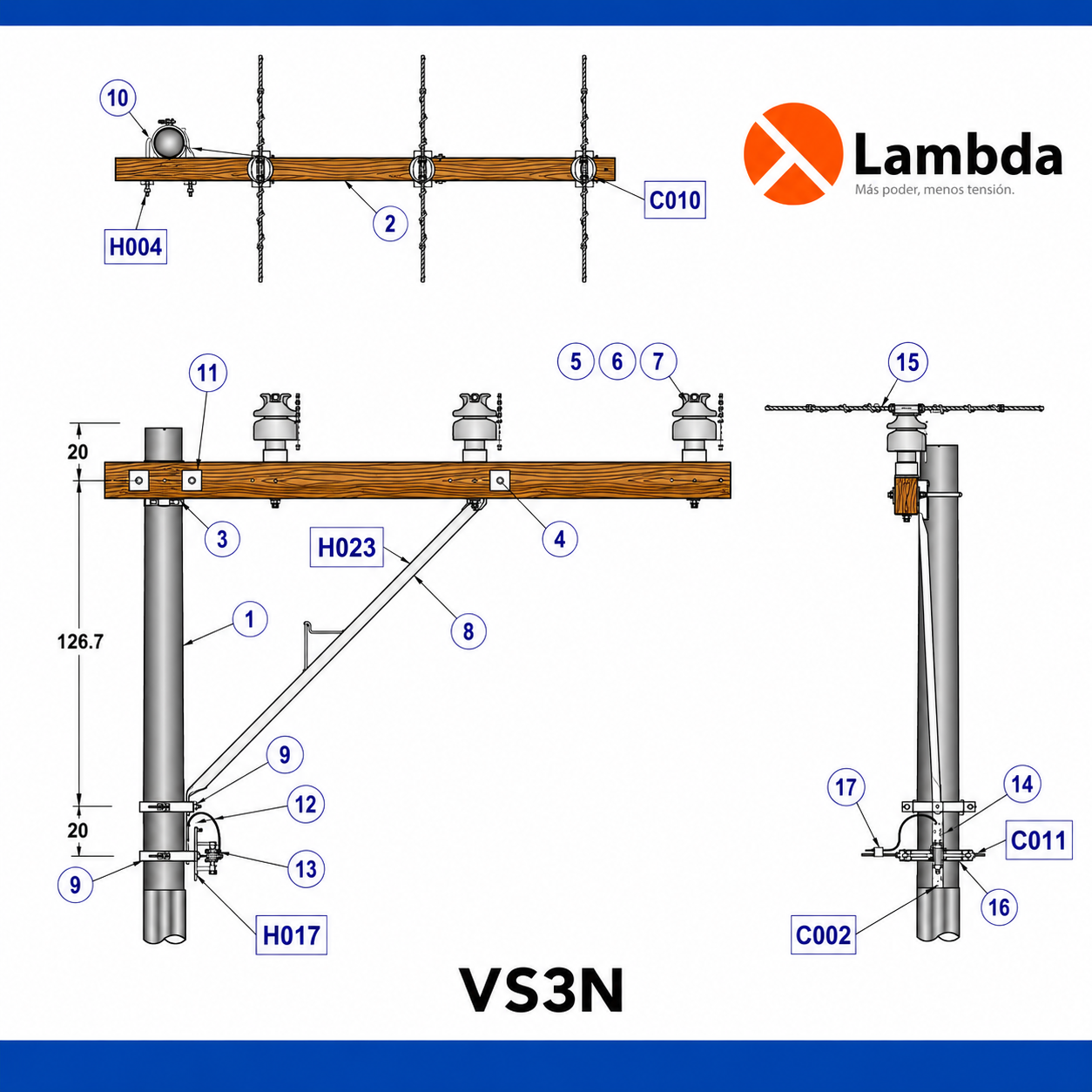 Estructura VS3N 15KV - Volada sencilla 3 fases neutro corrido