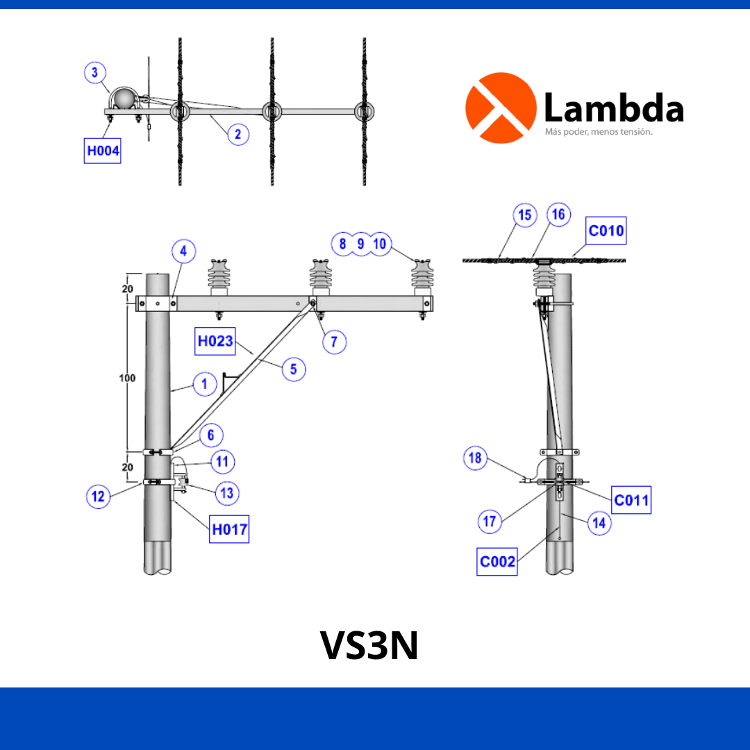 Estructura VS3N 35KV - Volada sencilla 3 fases neutro corrido